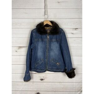 Free Country Jacket Womens Large Blue Denim Faux Fur Sherpa Lined Full Zip Y2K